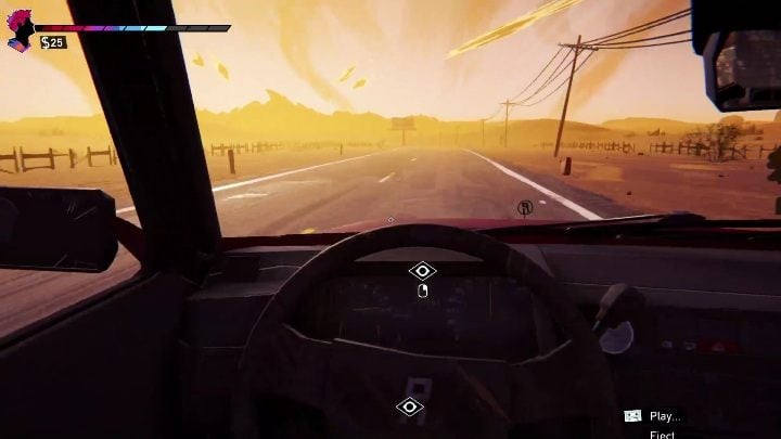 Машина едет по пустынной дороге в Road 96