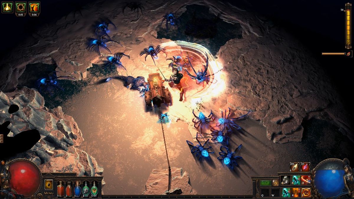 Игровой процесс Path of Exile: герой сражается с пауками в пещере