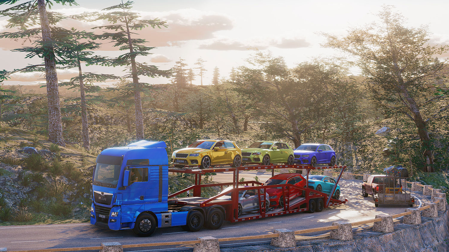 Truck and Logistics Simulator — автовоз перевозит автомобили по горной дороге