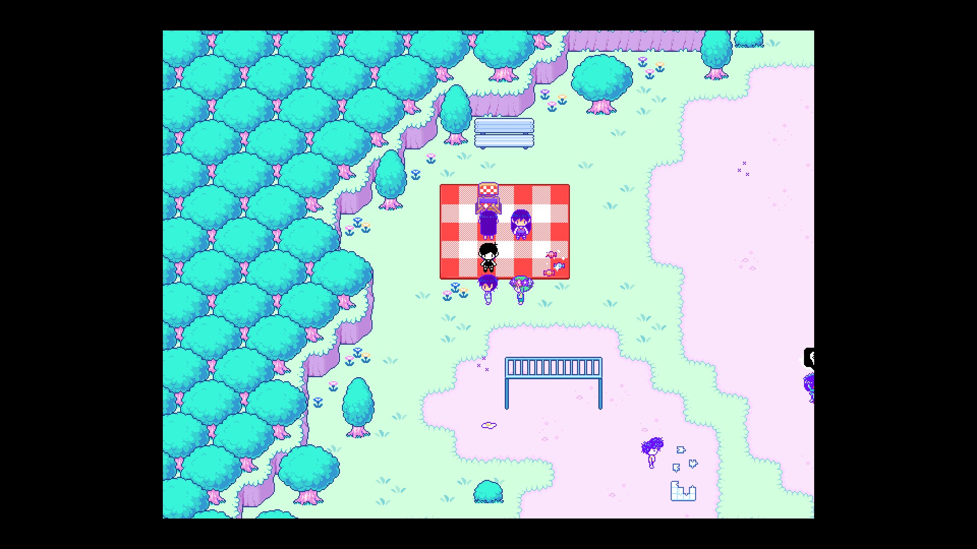 Игровой процесс OMORI: герои исследуют яркую лесную локацию