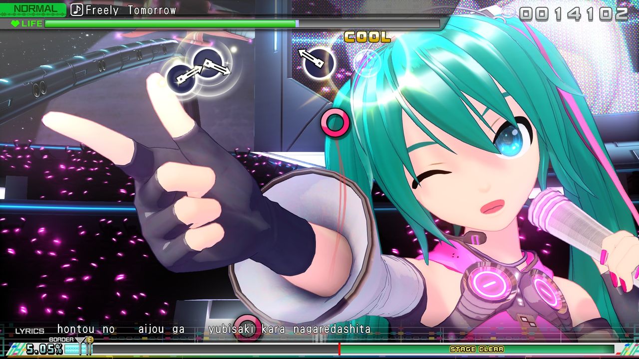 Игровой процесс Hatsune Miku: Project DIVA Mega Mix+ — исполнение песни с экранными подсказками