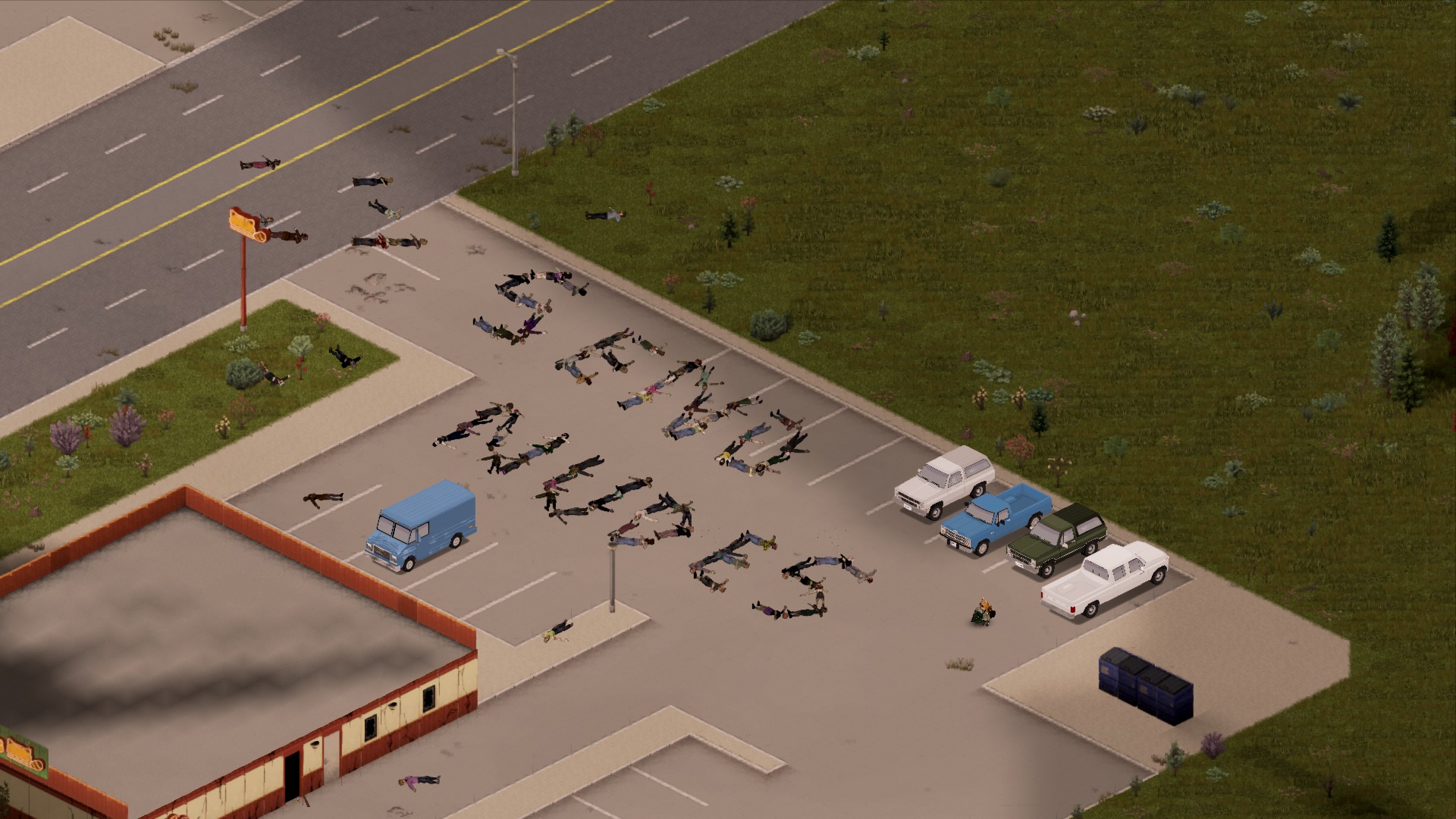 Игровой процесс Project Zomboid: заражённые возле автомобилей и городских зданий