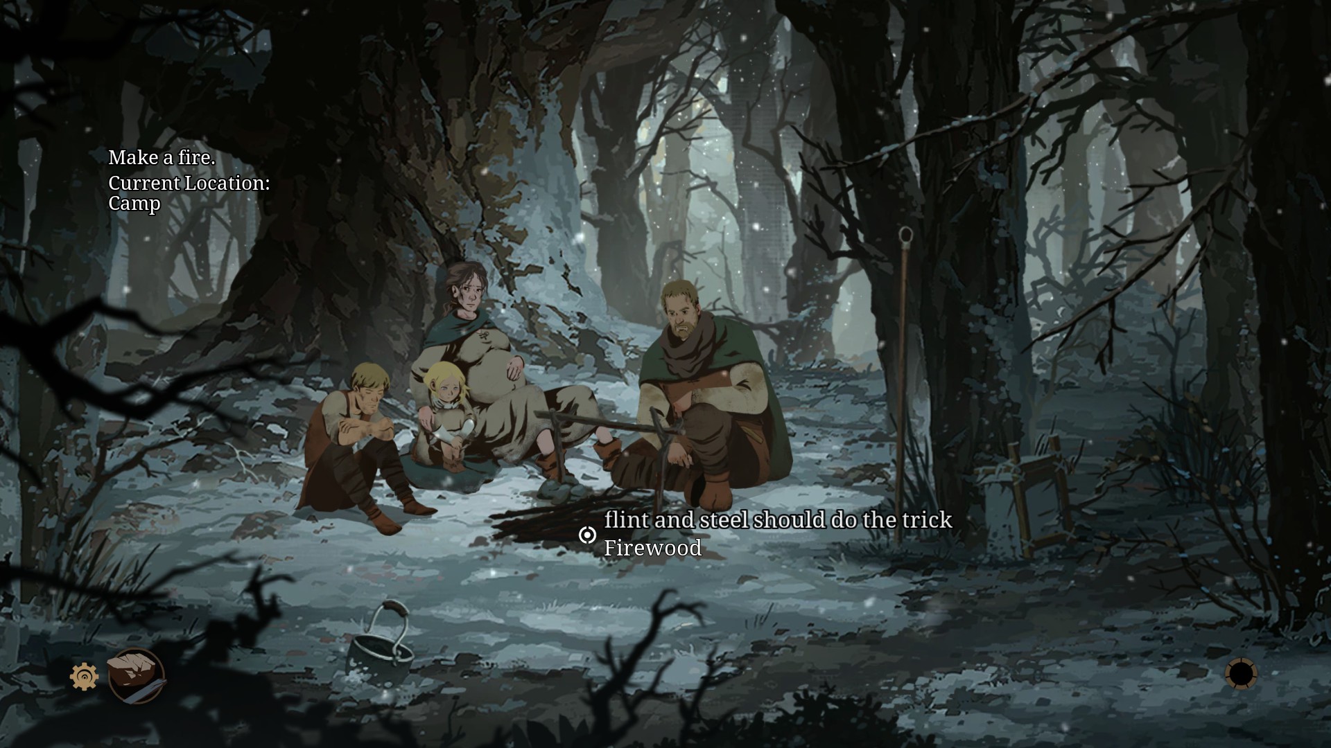 Игровой процесс Ken Follett’s The Pillars of the Earth: персонажи в зимнем лесу