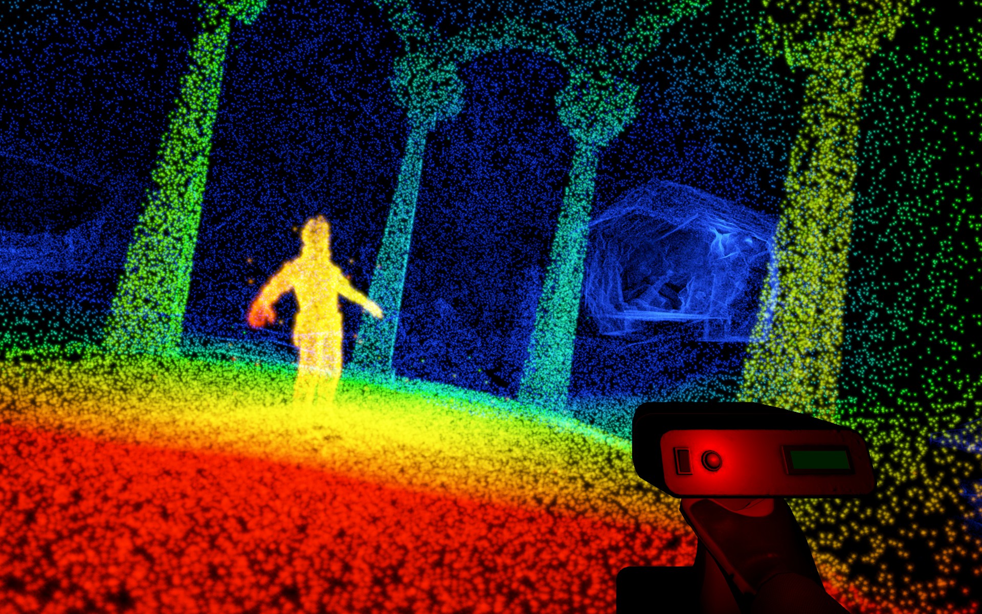 Скриншот Scanner Sombre: пещера, проявляющаяся цветными точками сканера