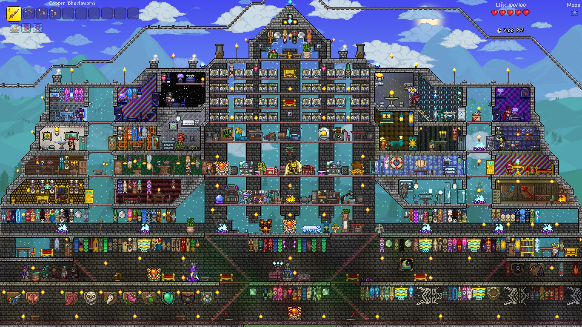 Игровой процесс Terraria: многоэтажная база с комнатами и мастерскими