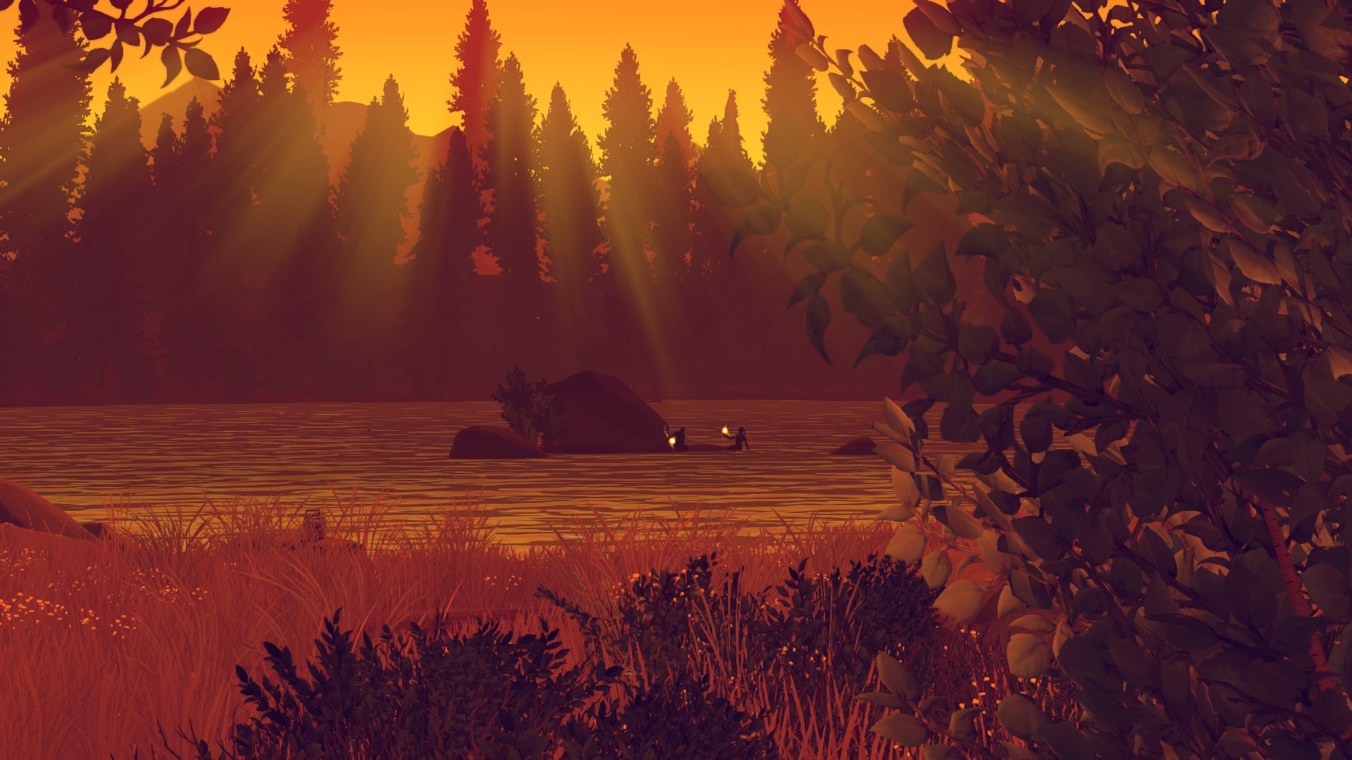 Скриншот Firewatch: лесная поляна в лучах вечернего солнца