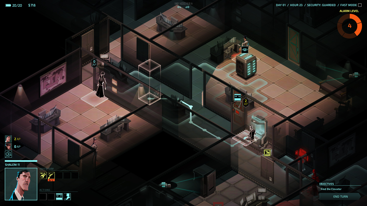 Игровой процесс Invisible, Inc. — агенты исследуют охраняемый корпоративный комплекс