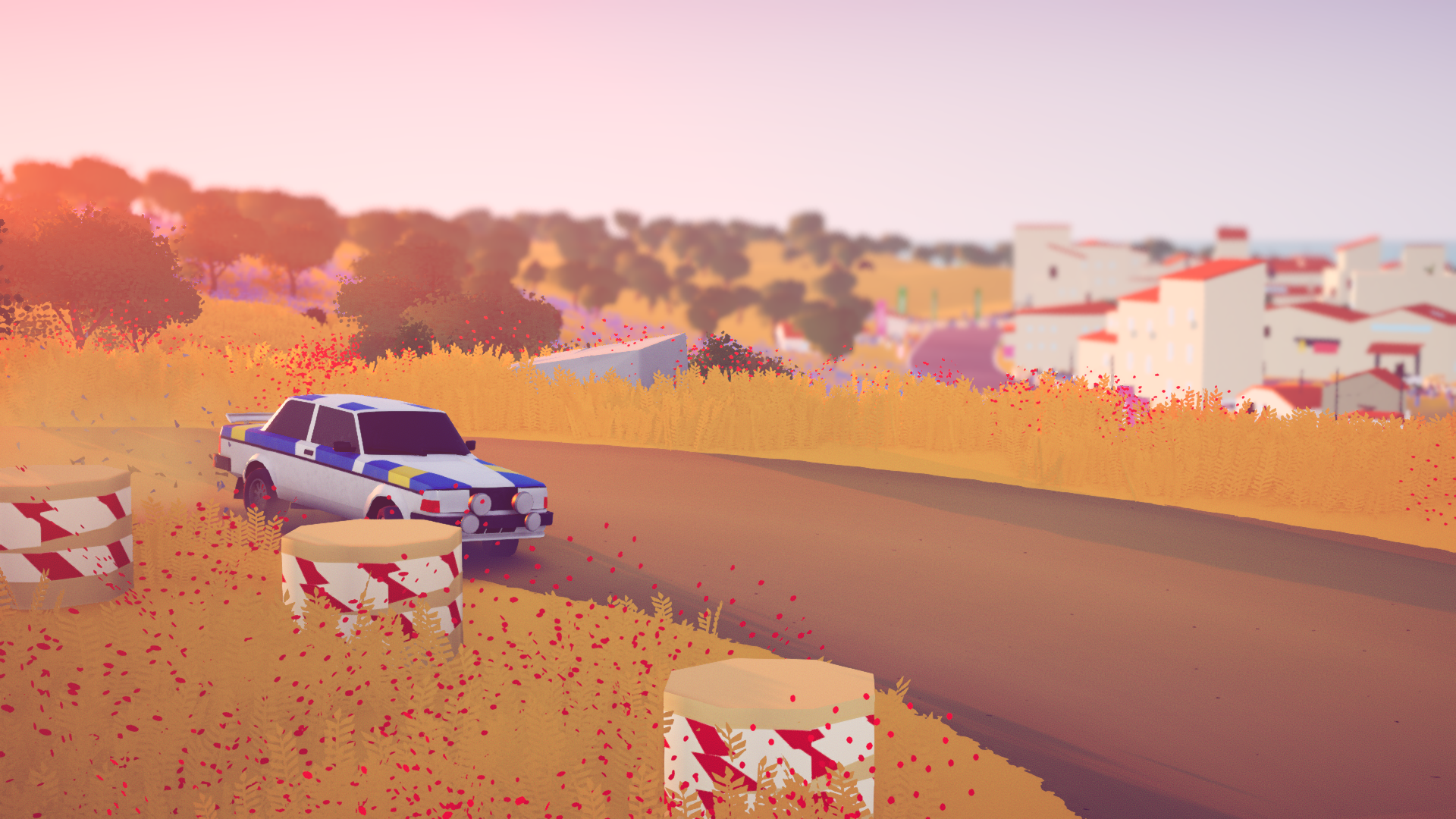 Игровой скриншот art of rally с автомобилем на раллийном маршруте