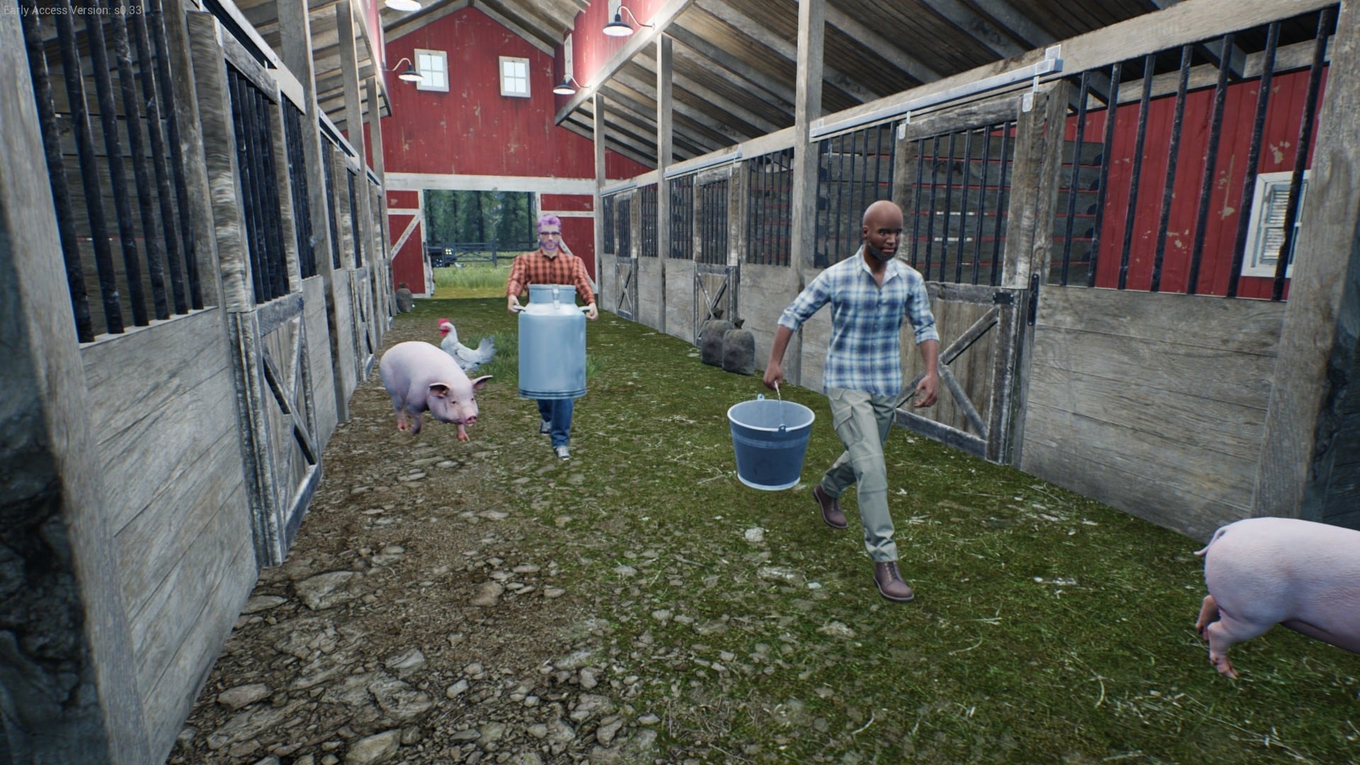 Ranch Simulator — персонажи выполняют хозяйственные работы возле амбара