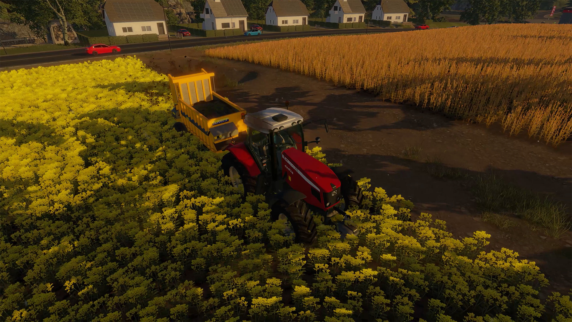 Real Farm — красный трактор с прицепом работает на поле