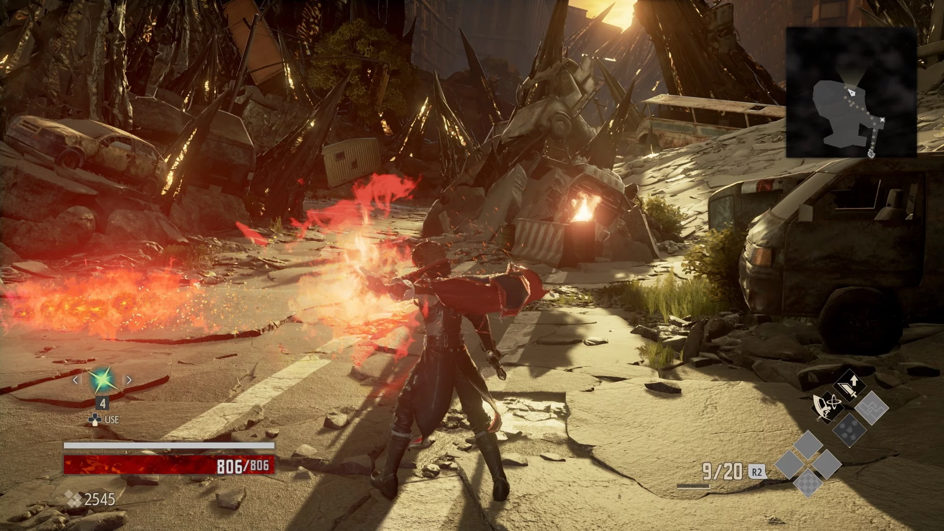Использование огненной способности среди городских руин в Code Vein