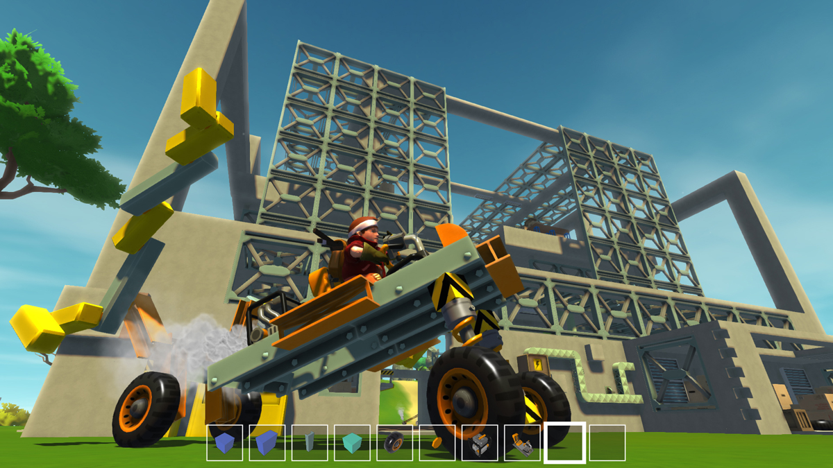 Геймплей Scrap Mechanic: самодельная машина возле металлической постройки