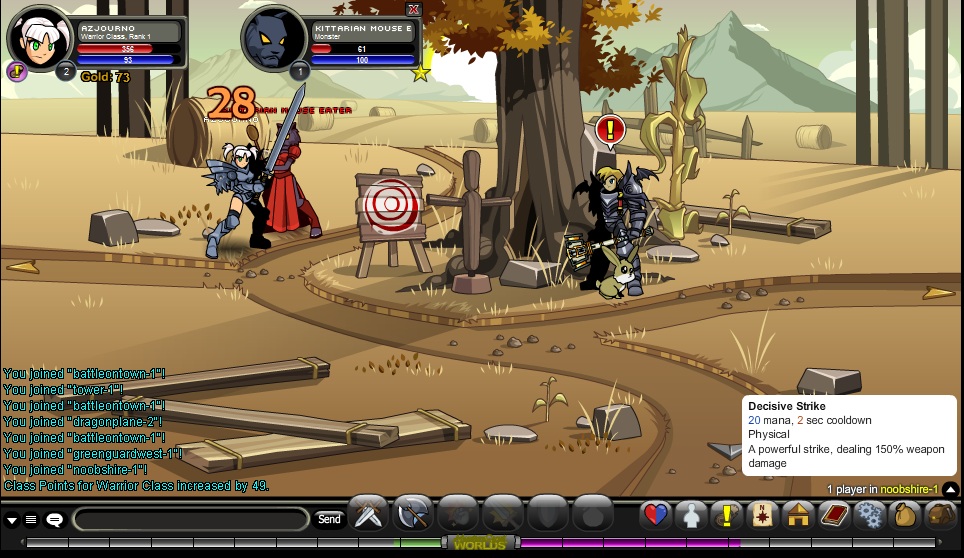 AdventureQuest Worlds — персонаж в игровом мире и интерфейс способностей