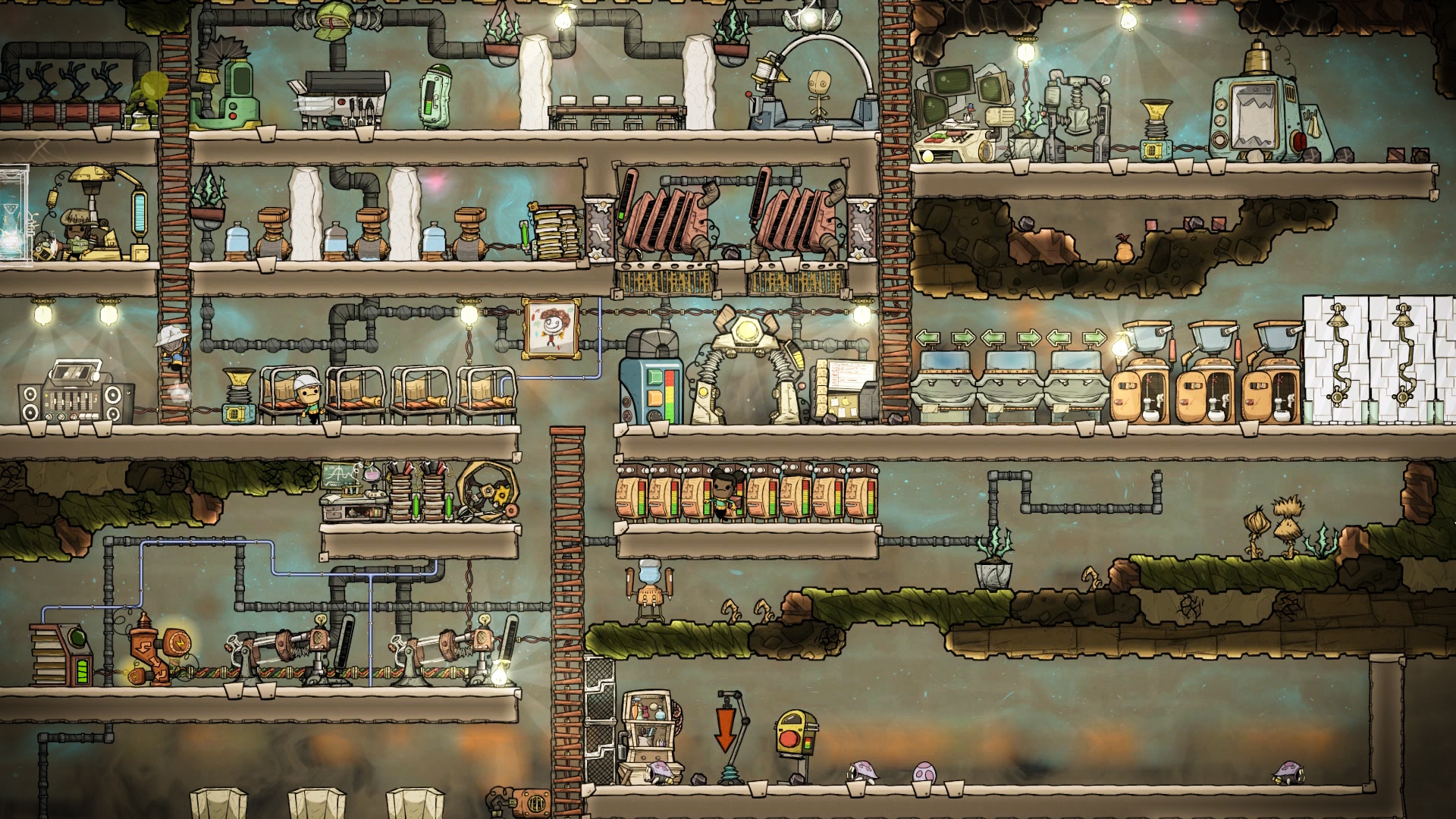 Игровой процесс Oxygen Not Included: подземная колония с мастерскими и жилыми комнатами