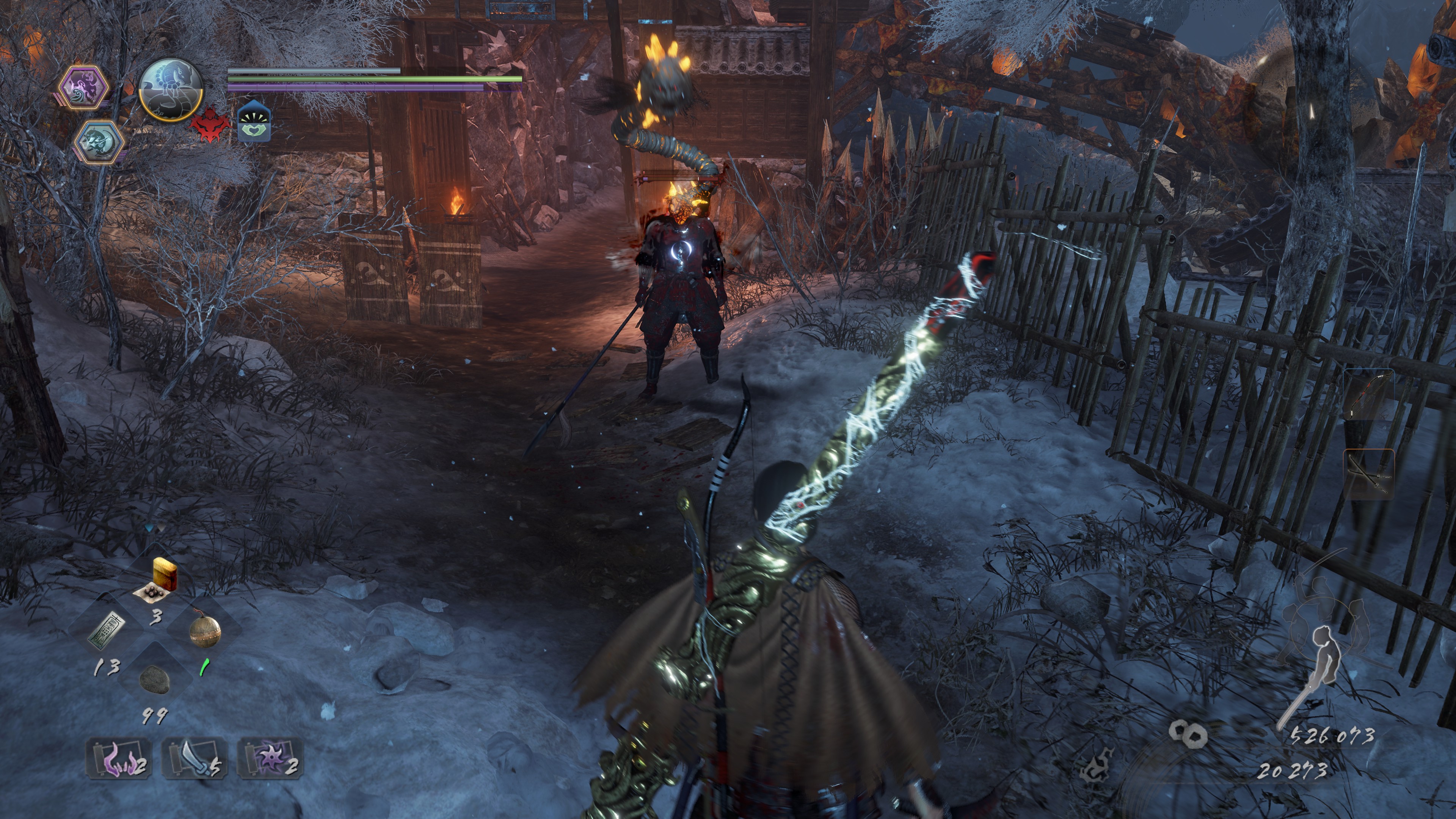 Геймплей Nioh 2: противостояние в заснеженной деревне