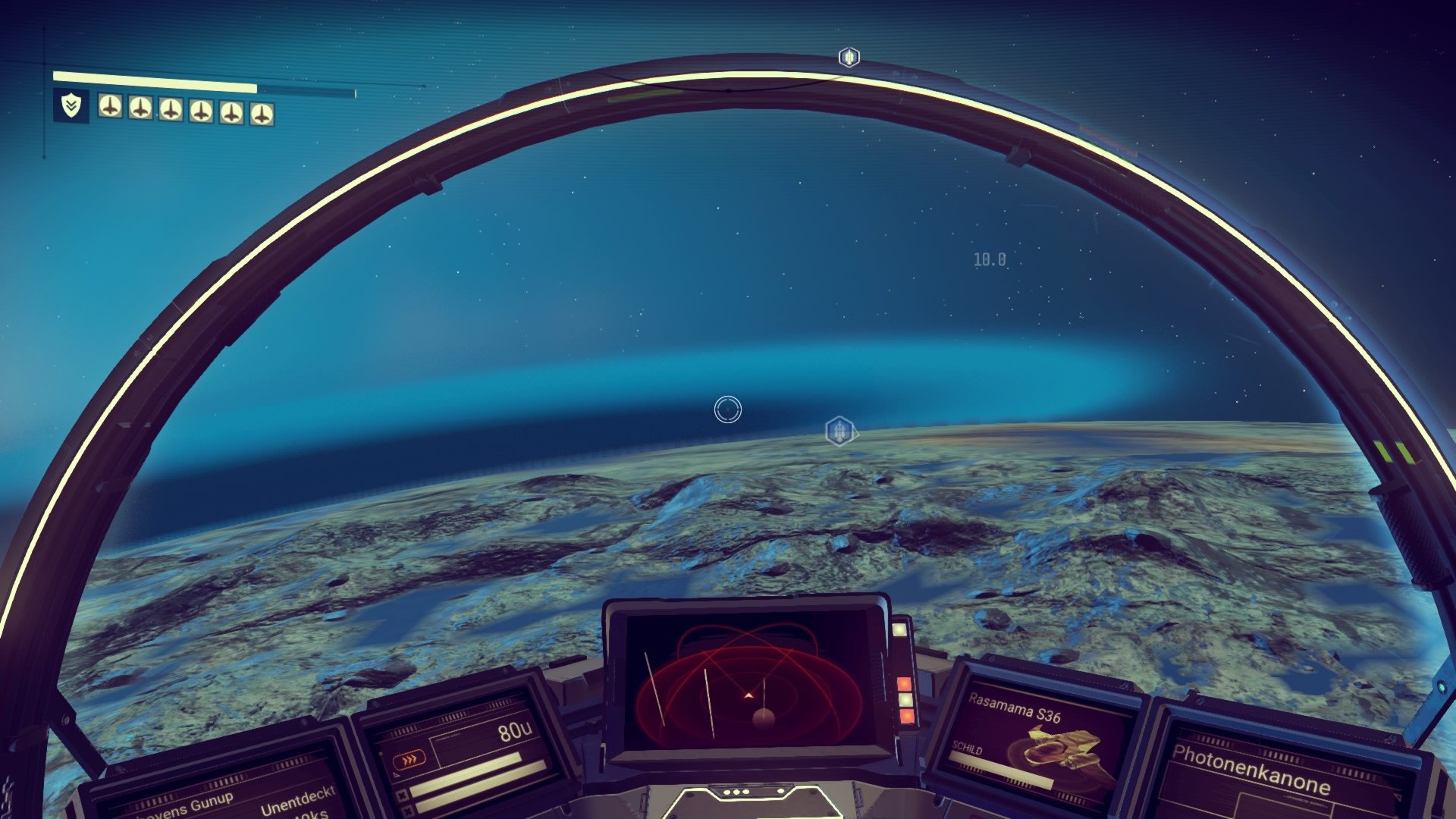 Вид из кабины корабля на поверхность планеты в No Man’s Sky