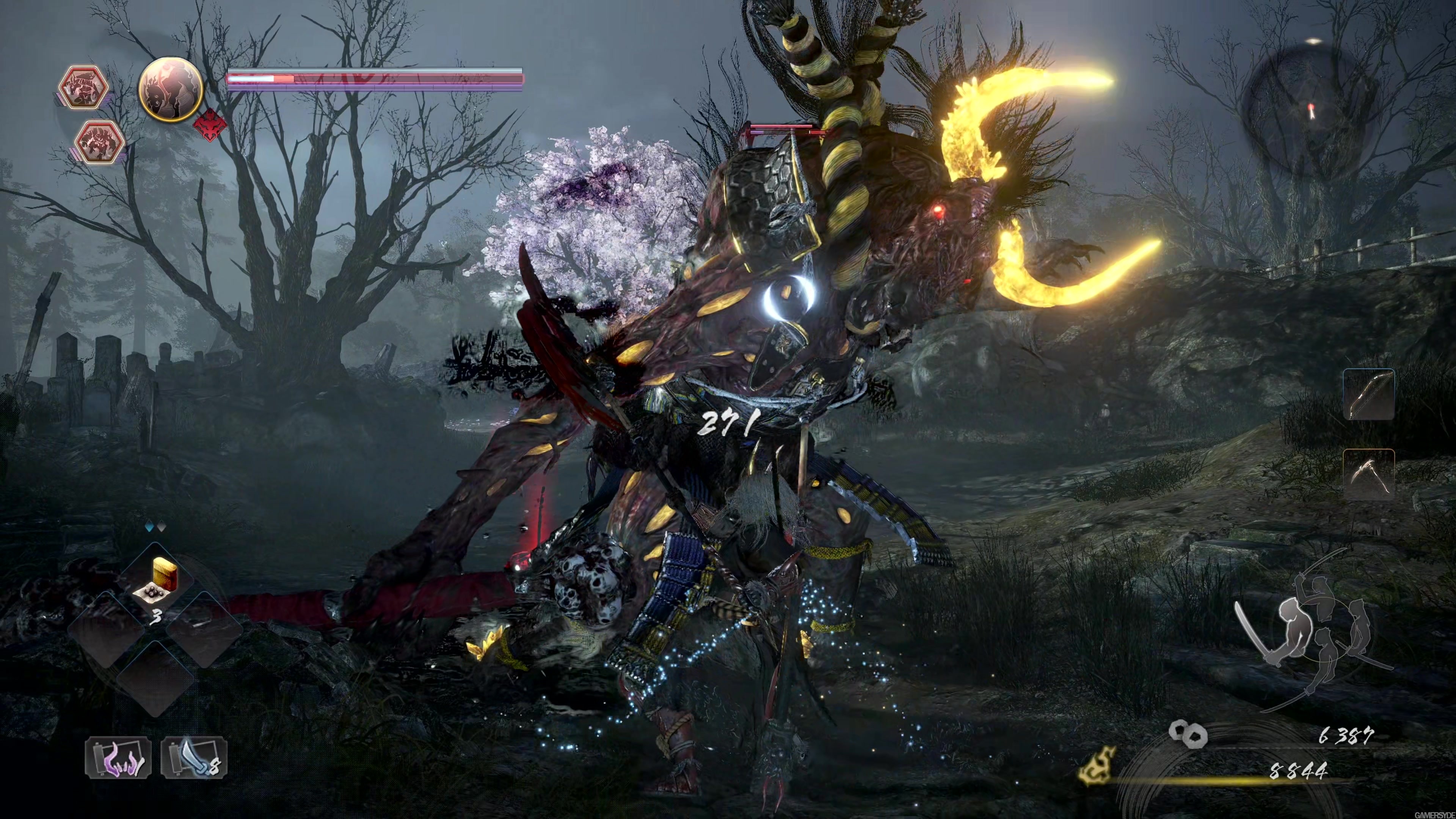 Геймплей Nioh 2 — бой с огромным демоном