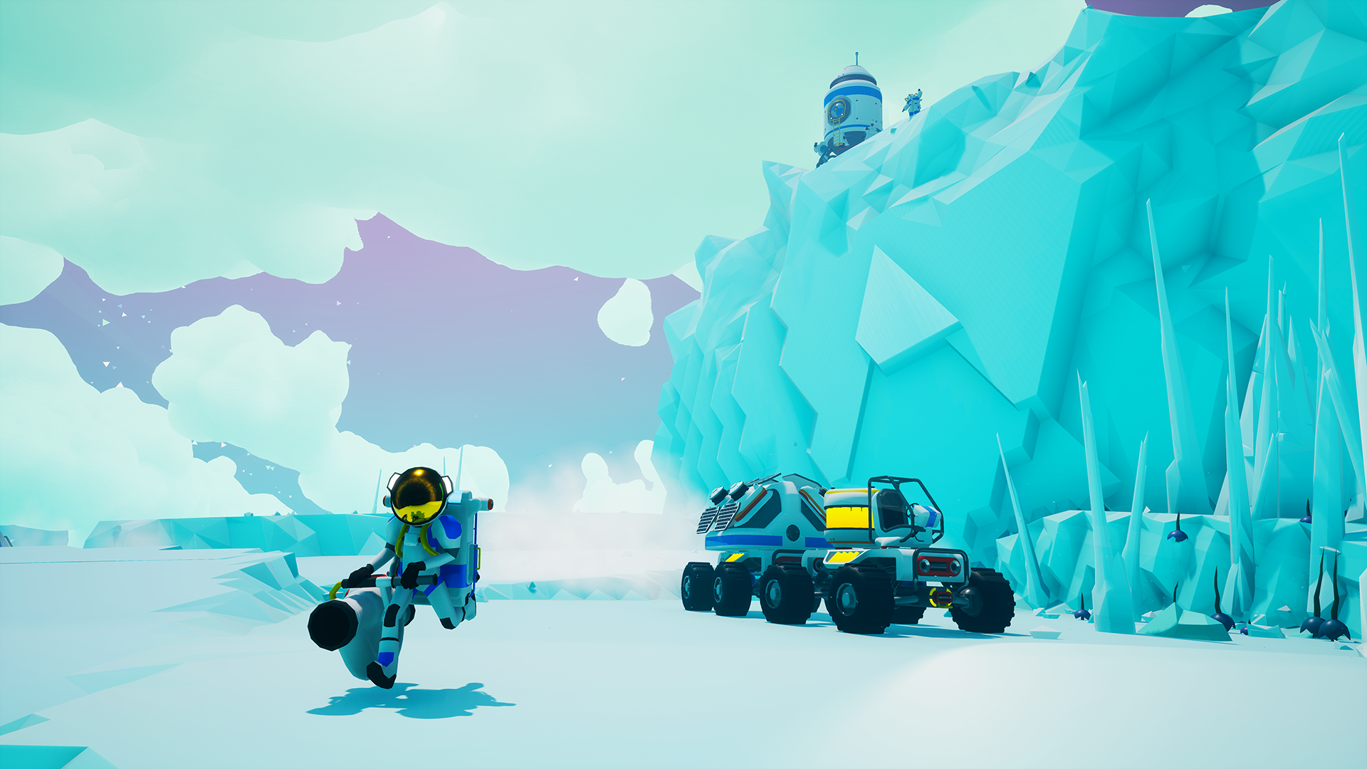 Игровой процесс Astroneer: астронавт и техника возле ледяной скалы