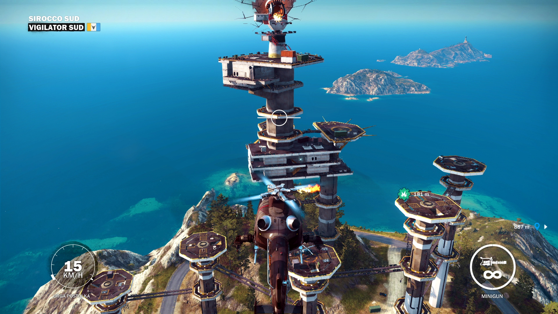 Геймплей Just Cause 3: полёт на вооружённом вертолёте возле морской базы
