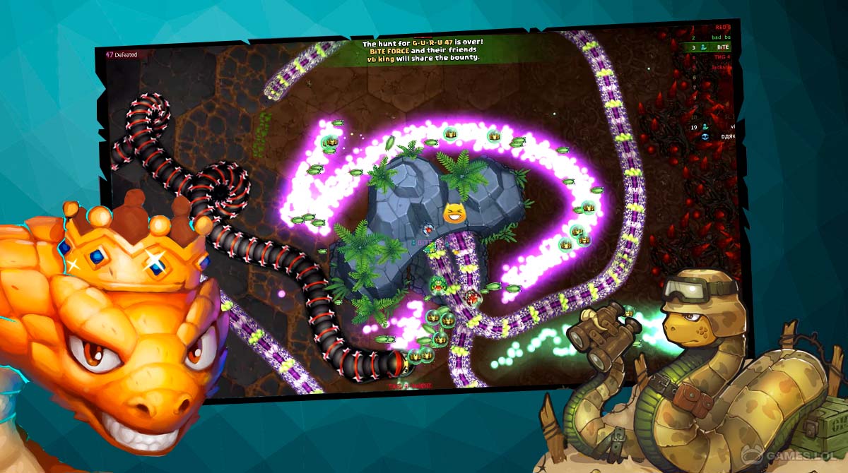 Игровой процесс Little Big Snake: змеи собирают частицы возле островка