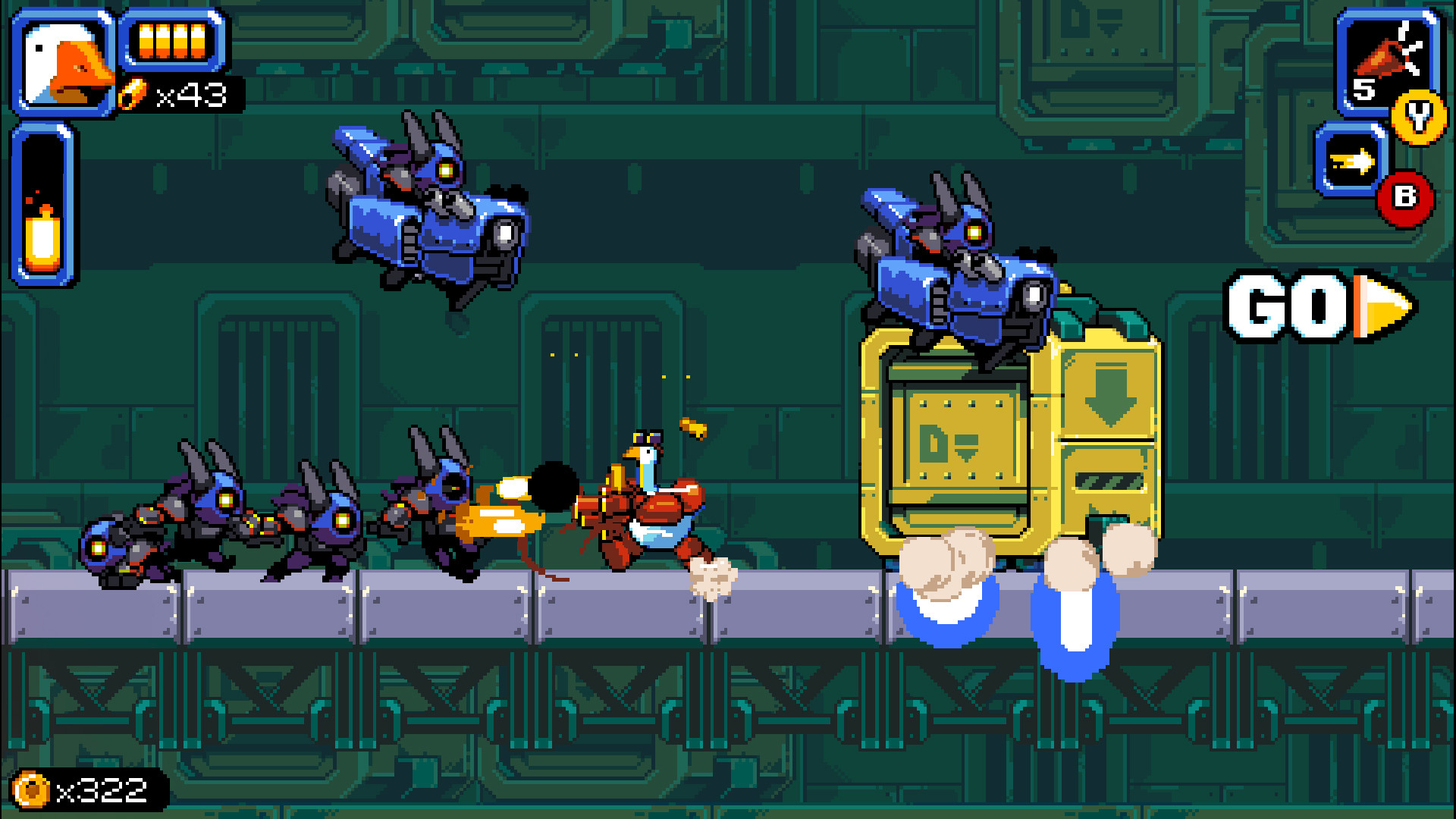Вооружённый гусь сражается с роботами в Mighty Goose