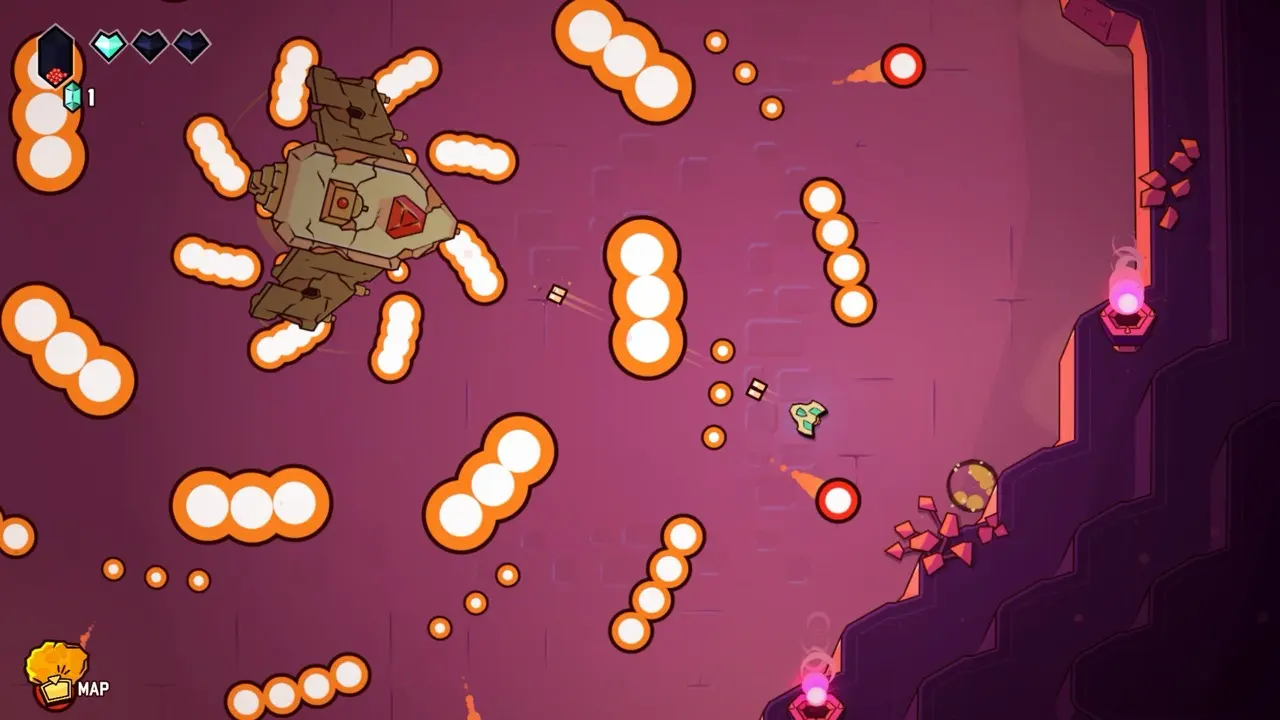 Игровой процесс Minishoot' Adventures: кораблик уклоняется от снарядов босса