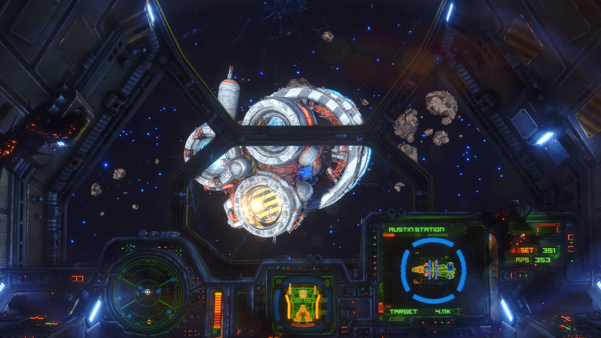 Приближение к космической станции из кабины корабля в Rebel Galaxy Outlaw