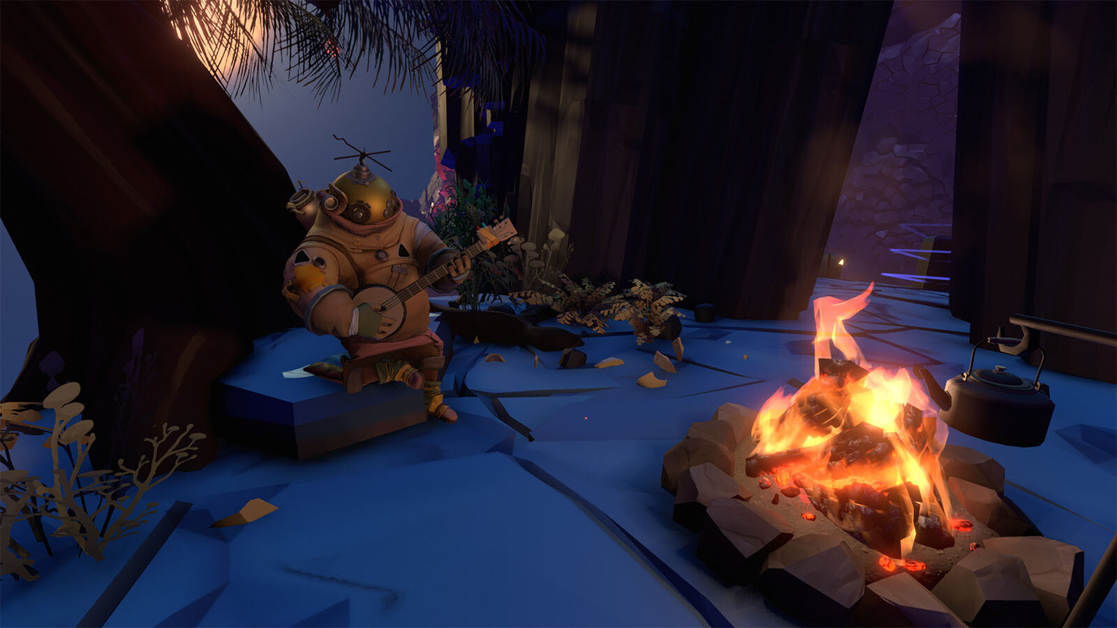 Игровой процесс Outer Wilds: встреча с путешественником у костра