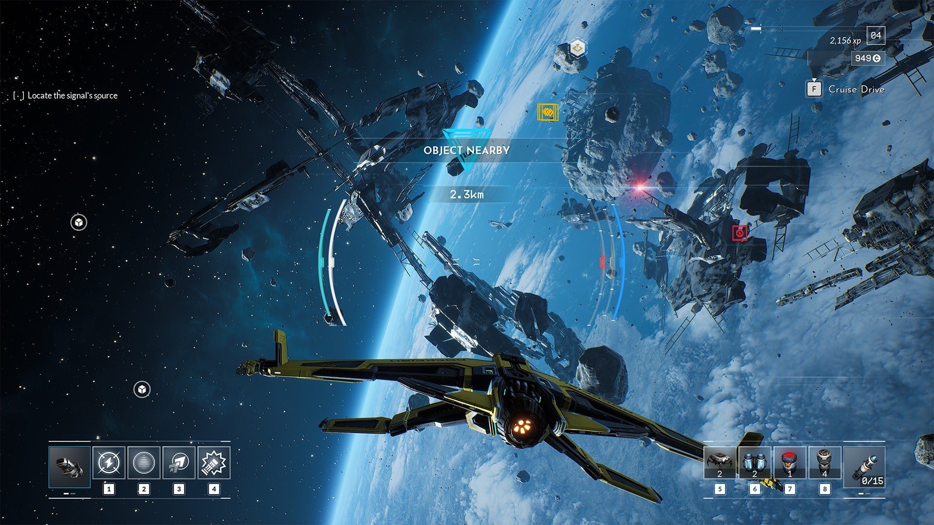 Everspace 2 — космический корабль исследует обломки станции возле планеты