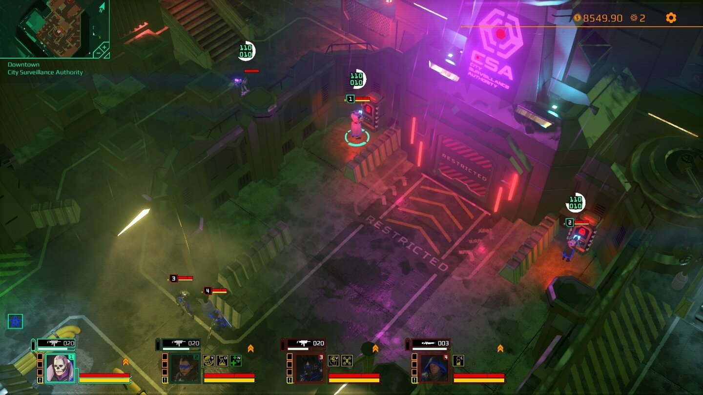 Игровой процесс Satellite Reign — агенты проникают на охраняемую территорию в неоновом городе