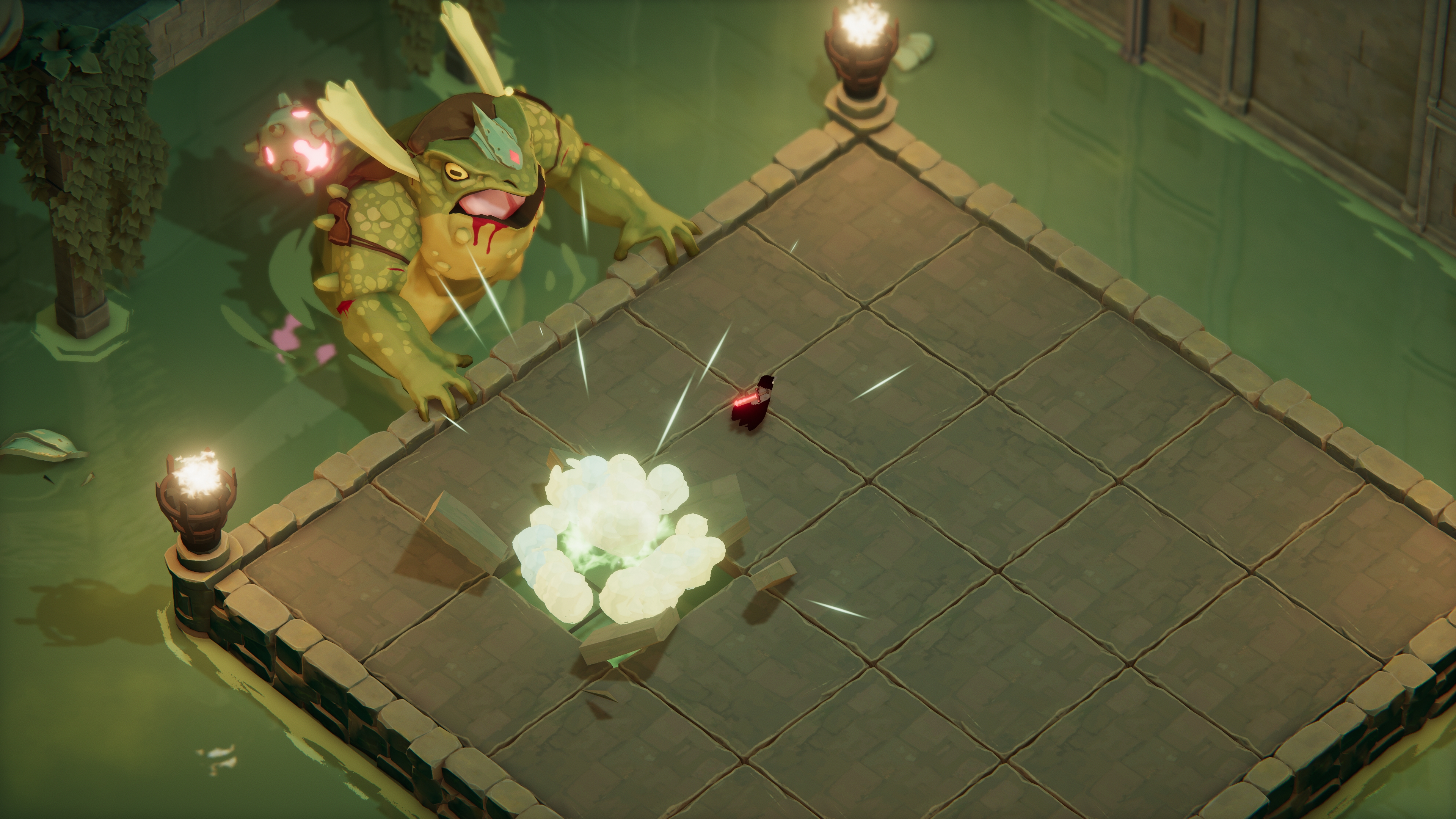 Игровой процесс Death's Door: сражение ворона с огромным противником