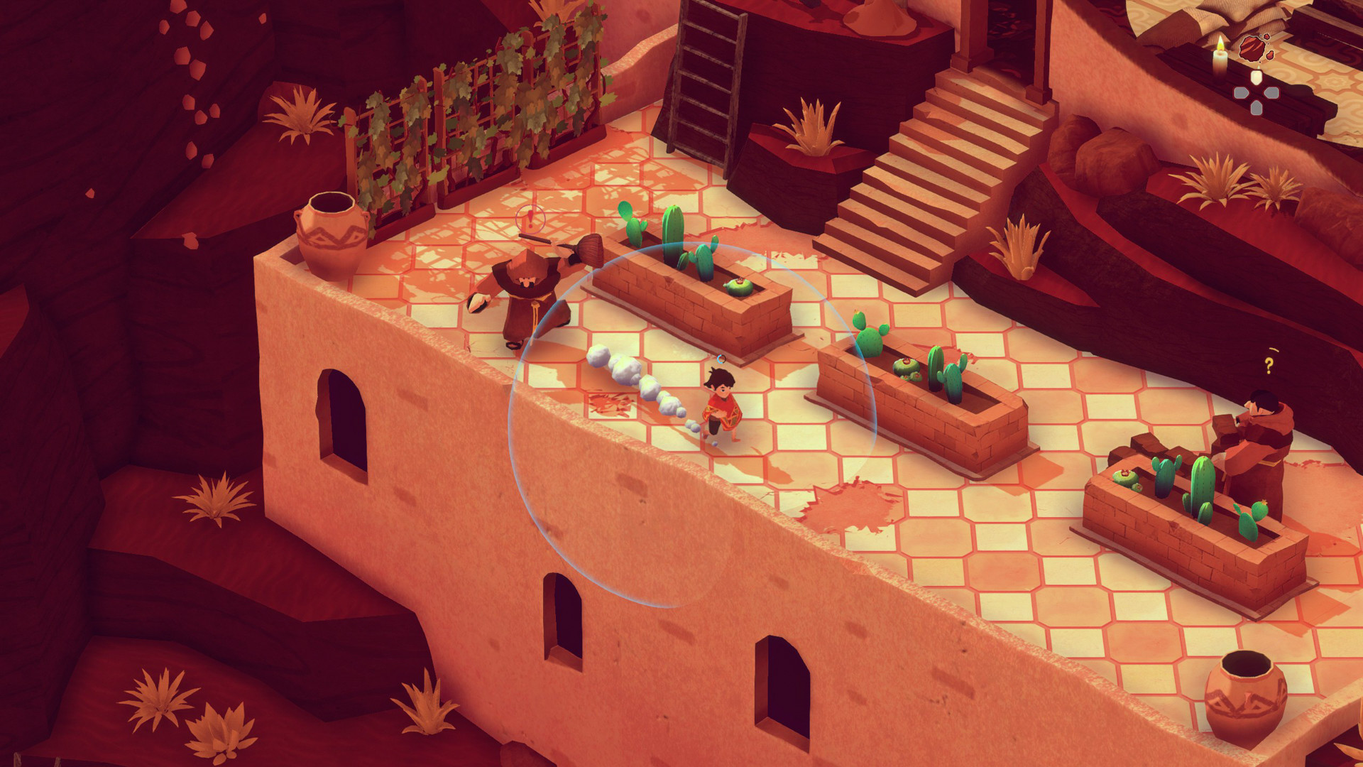 Геймплей El Hijo: A Wild West Tale — мальчик отвлекает охрану на монастырской террасе