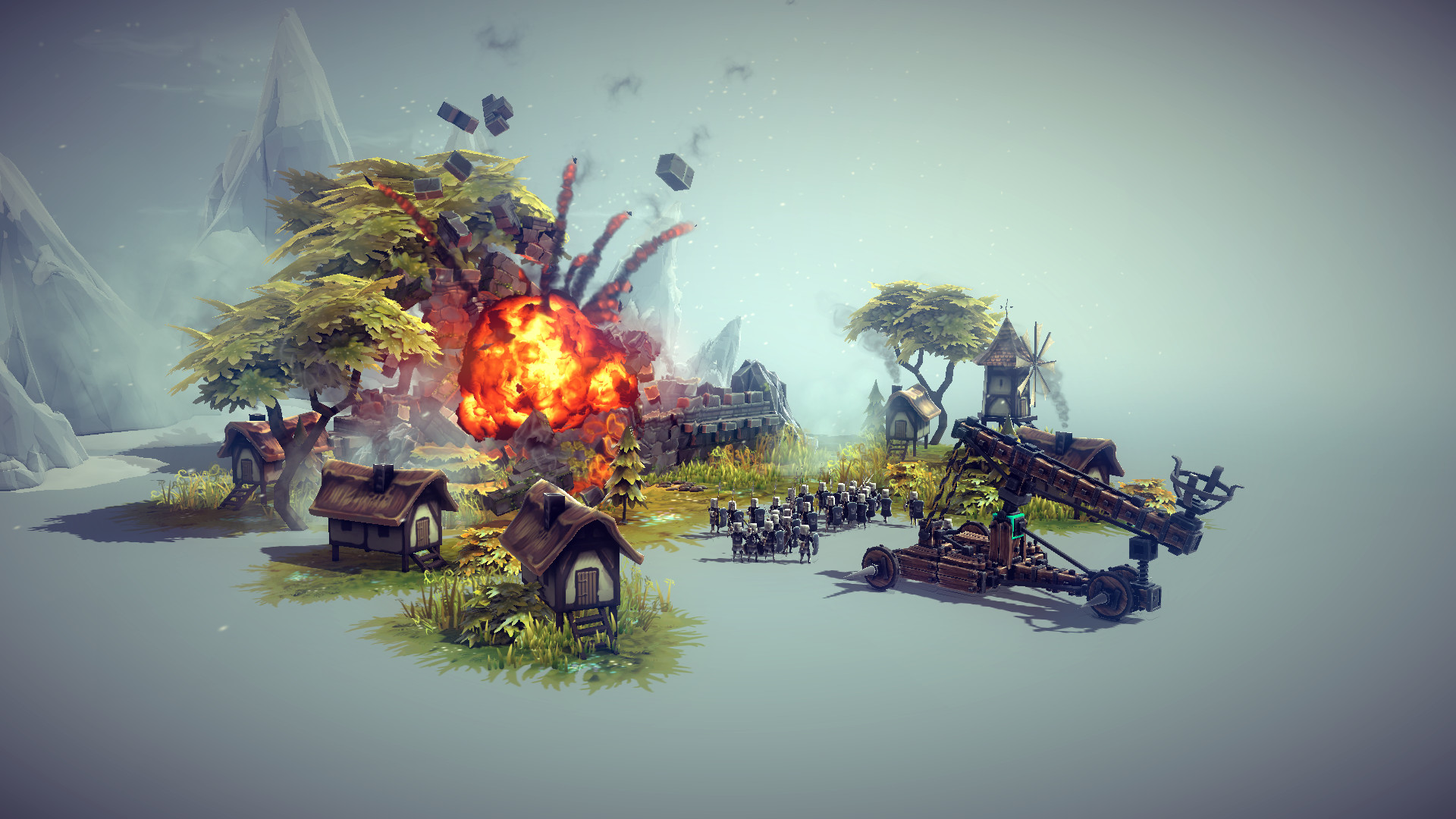 Геймплей Besiege: осадная машина разрушает постройки
