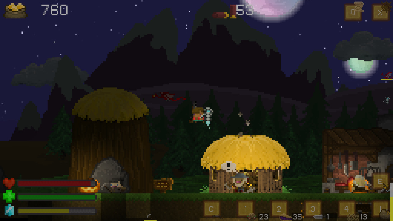 Игровой процесс Aground: персонаж возле поселения ночью