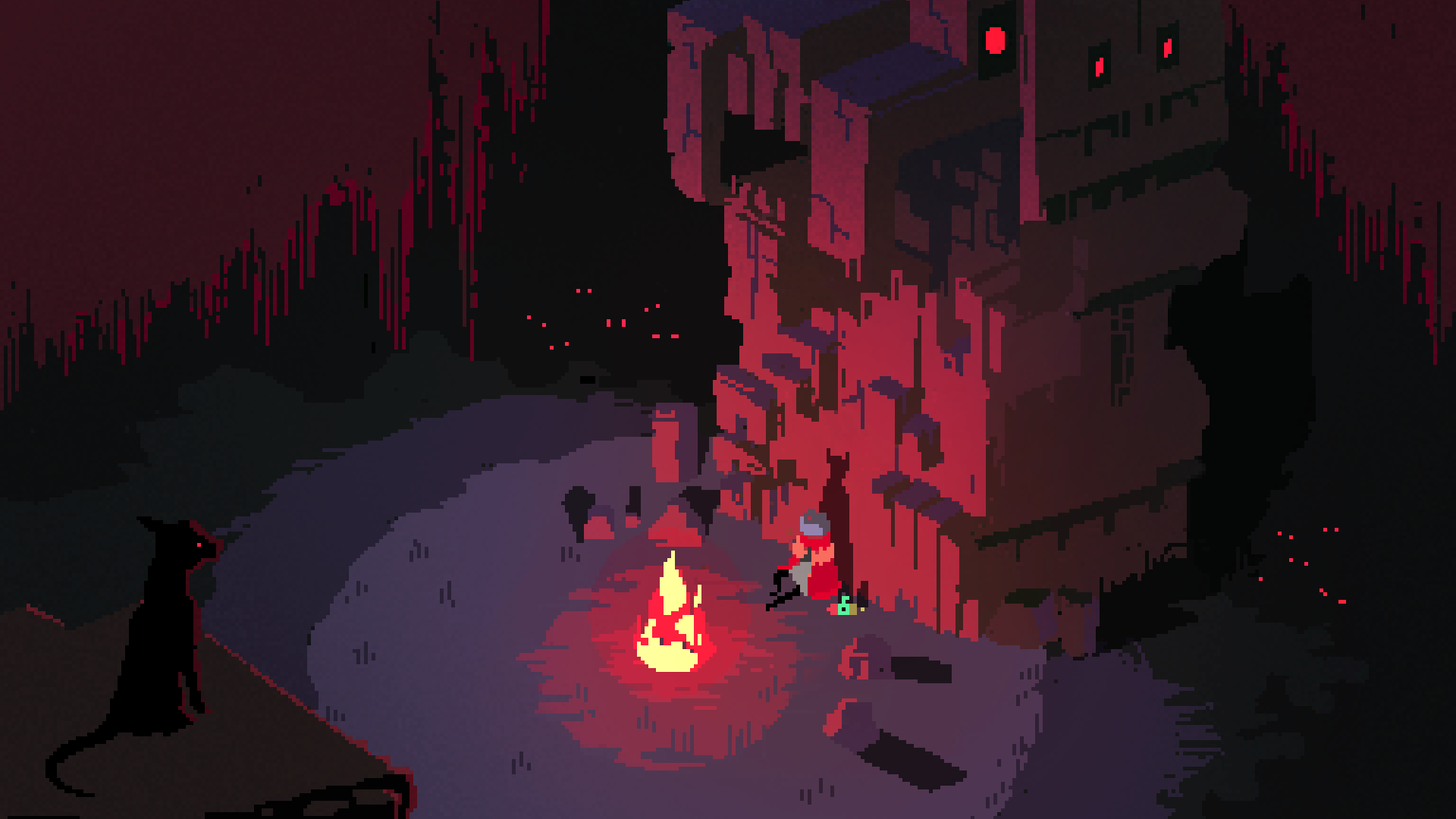 Игровой процесс Hyper Light Drifter: странник у костра среди древних руин