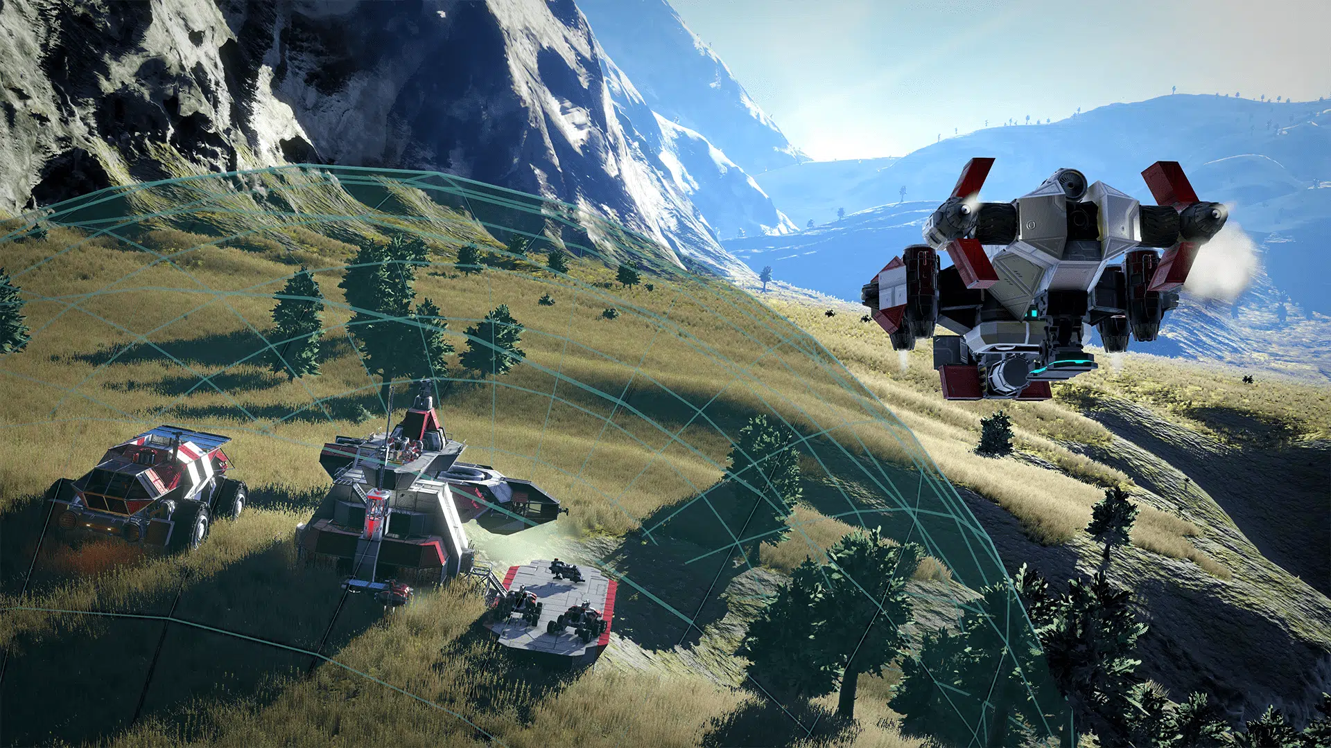 Корабли и база на поверхности планеты в Space Engineers